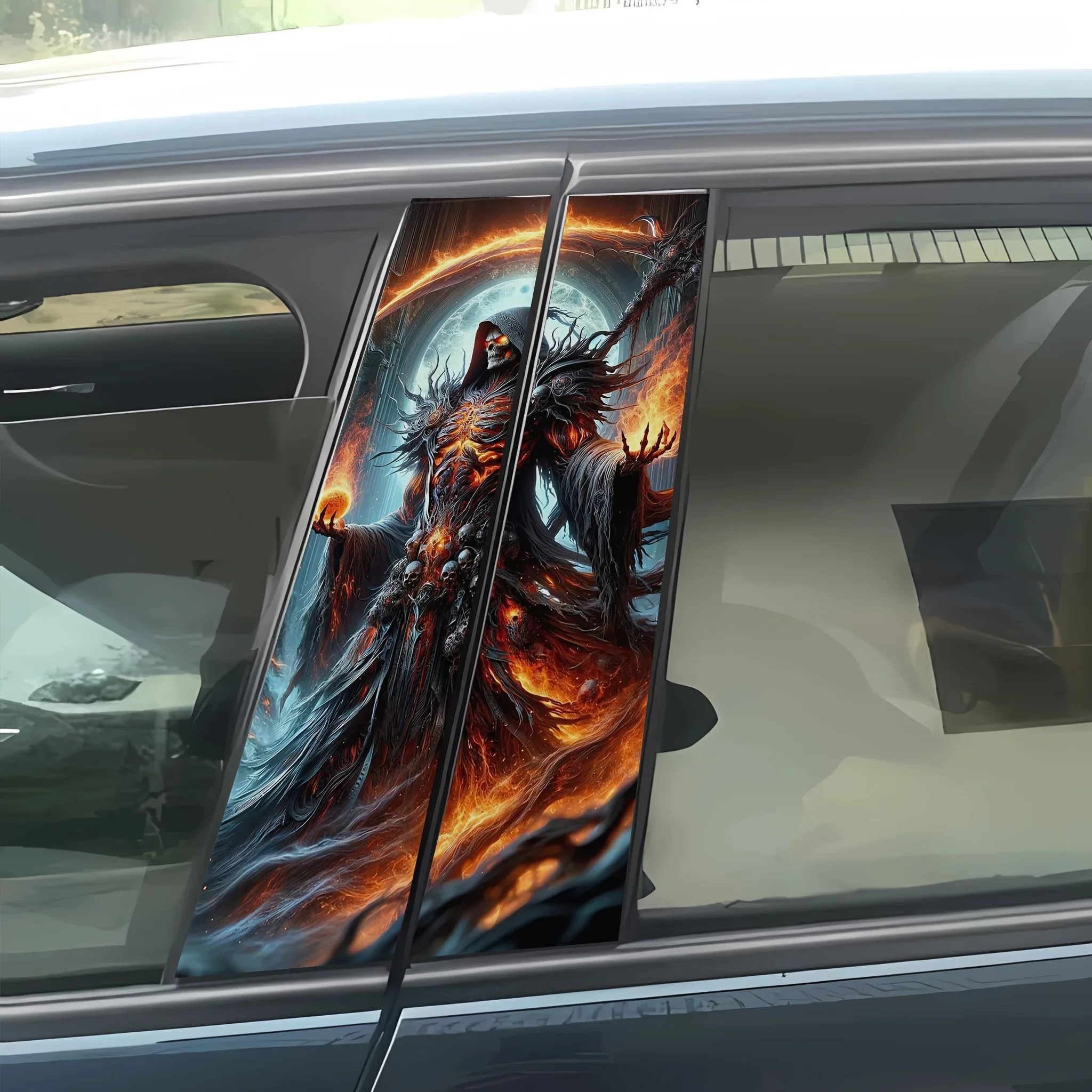 Set of 2 Vinyl Car Door Stickers - Self Adhesive Anime Skull Monster Theme - Front B Pillar Devil Stickers