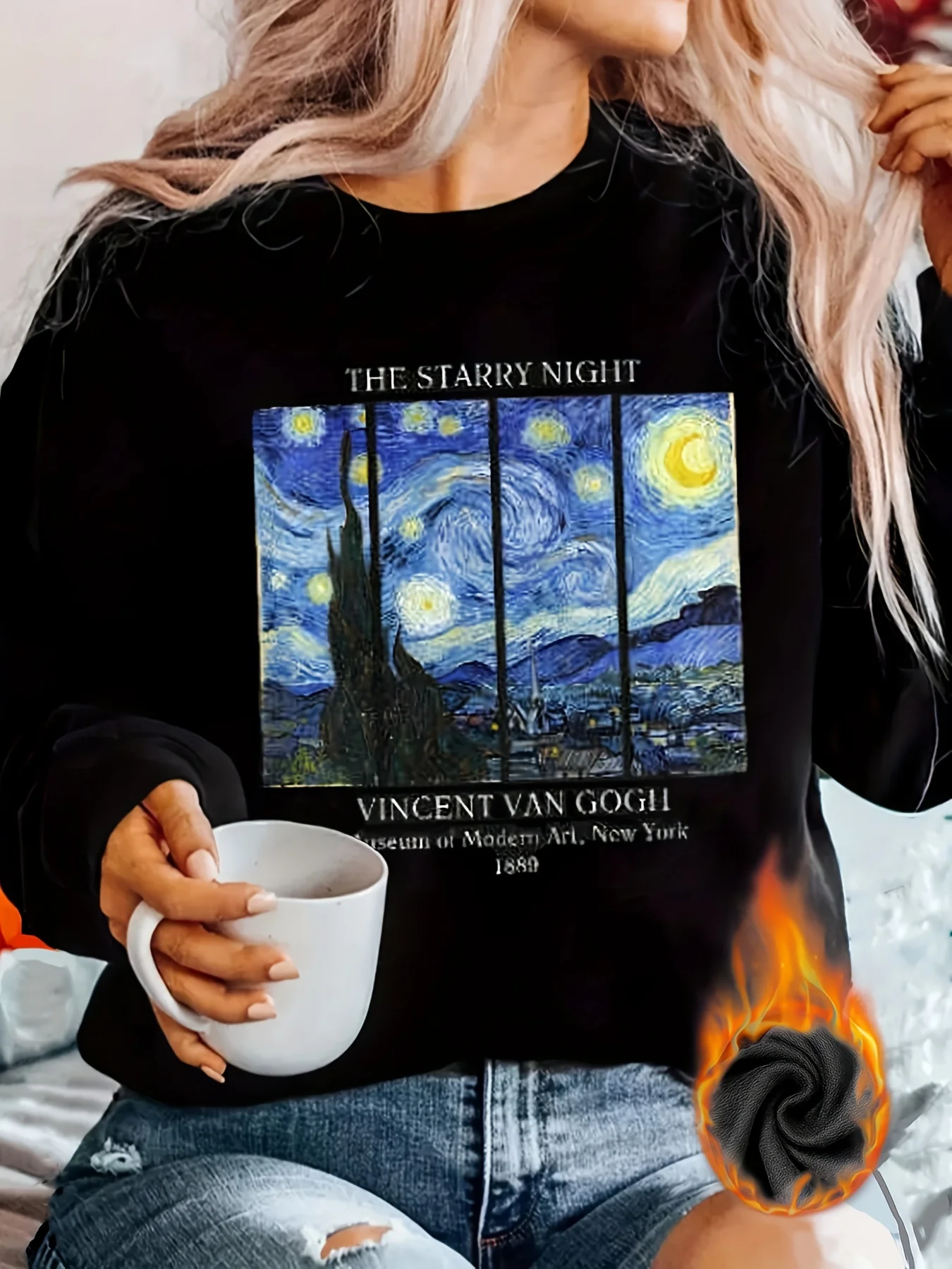 Van Gogh Starry Night Inspired Women's Sweatshirt - Casual Crew Neck Long Sleeve Pullover for Fall & Winter Machine Washable