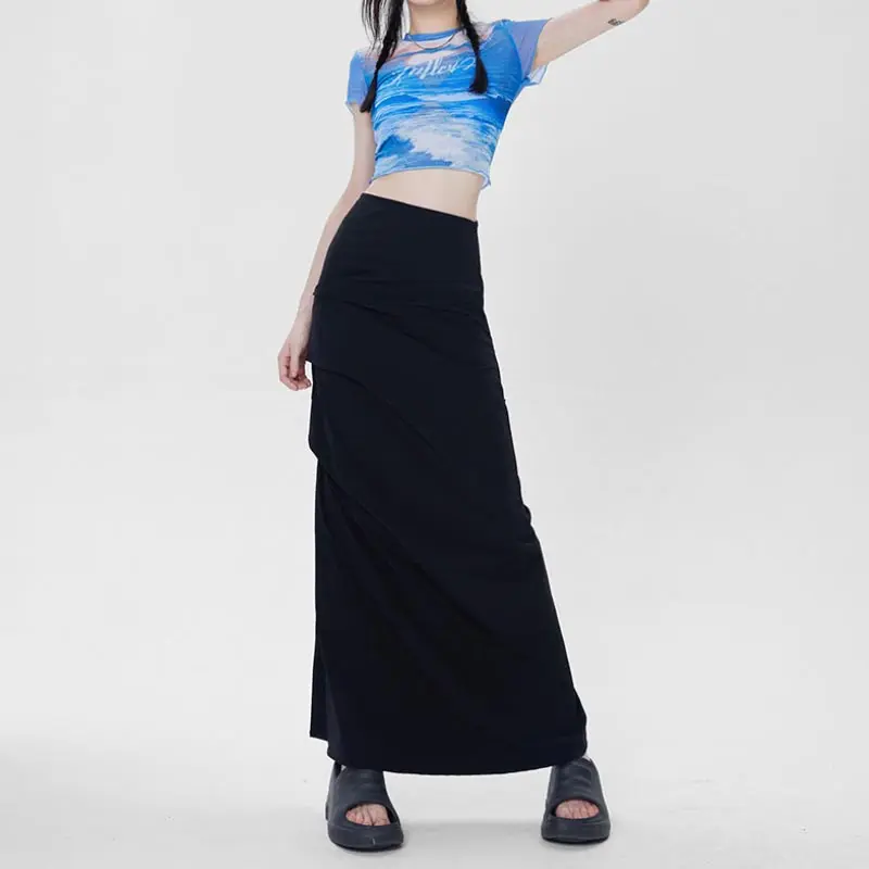 Elegant Skirt Women Spring Summer Slim Side Slit Pleated Mid-length Hip Skirt Y2k Vintage Fashion Bottoms Female Clothes