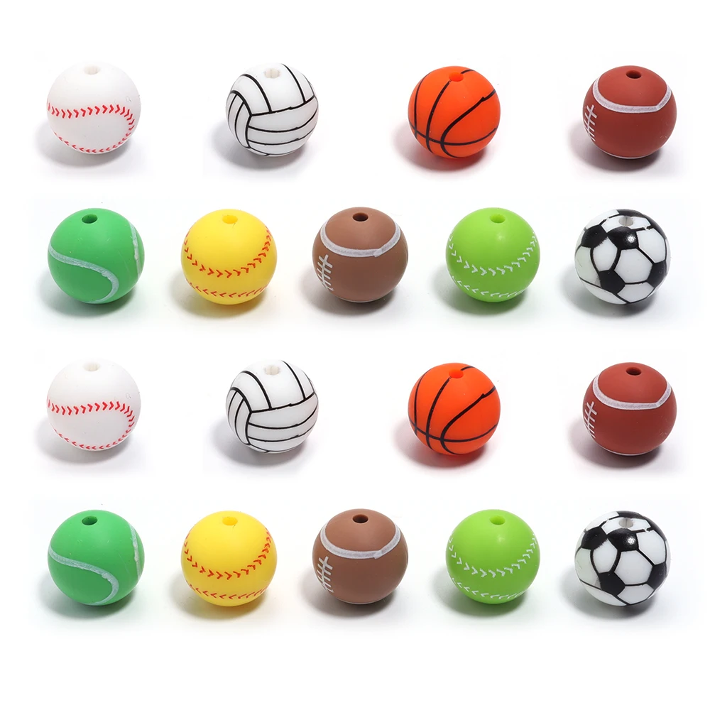 5Pcs 15mm Printed Silicone Beads Colorful Soccer Baseball Basketball Sport Silicone Round Beads DIY Keychain Jewelry Accessories