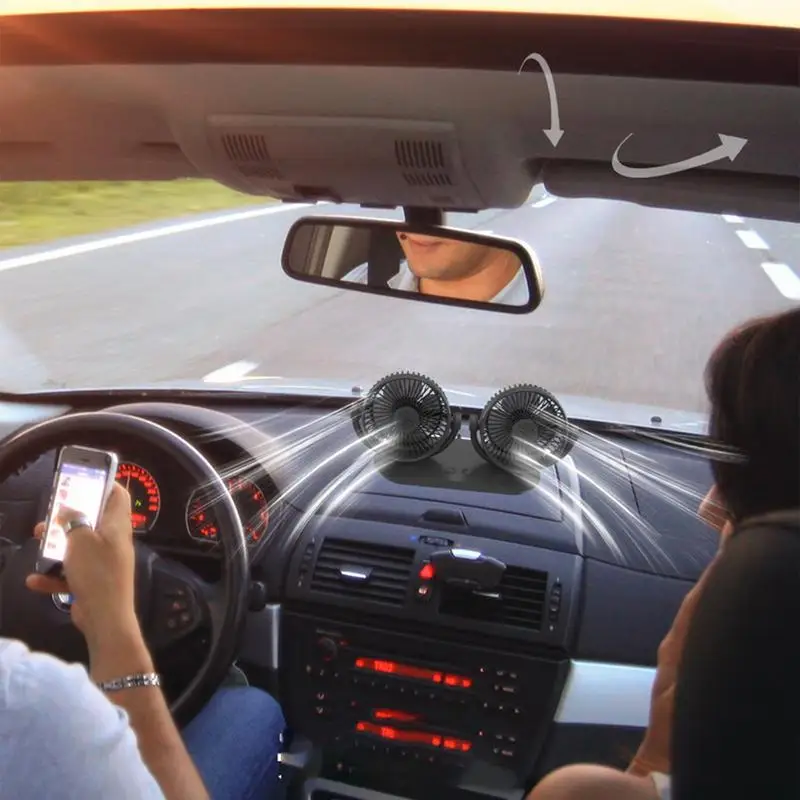 Portable Car Fan Double Head Car USB Fan Strong Wind 360-Degree Rotation Cooling Air Circulator Dashboard Accessories For SUVs