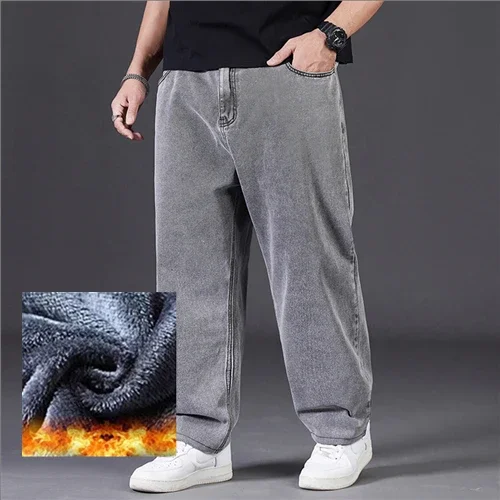 Jeans de pernas largas quentes para homens, calças compridas, jeans largos, tamanho grande, 30 a 48, masculino, inverno