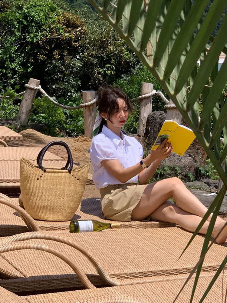 Casual katoenen orts Uitlopende broek met hoge taille voor dames Asymmetrisch ontwerp Lente Zomer Faion Elements Tweekleurige vakanties