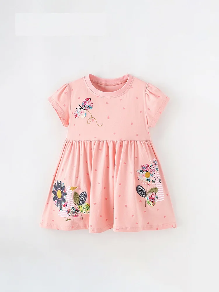 

Summer Baby Girls Cotton Pink Applique Embroidery O-Neck Short Sleeve Dress Kid Princess Skirt Children Casual Outfit 2-12 Years
