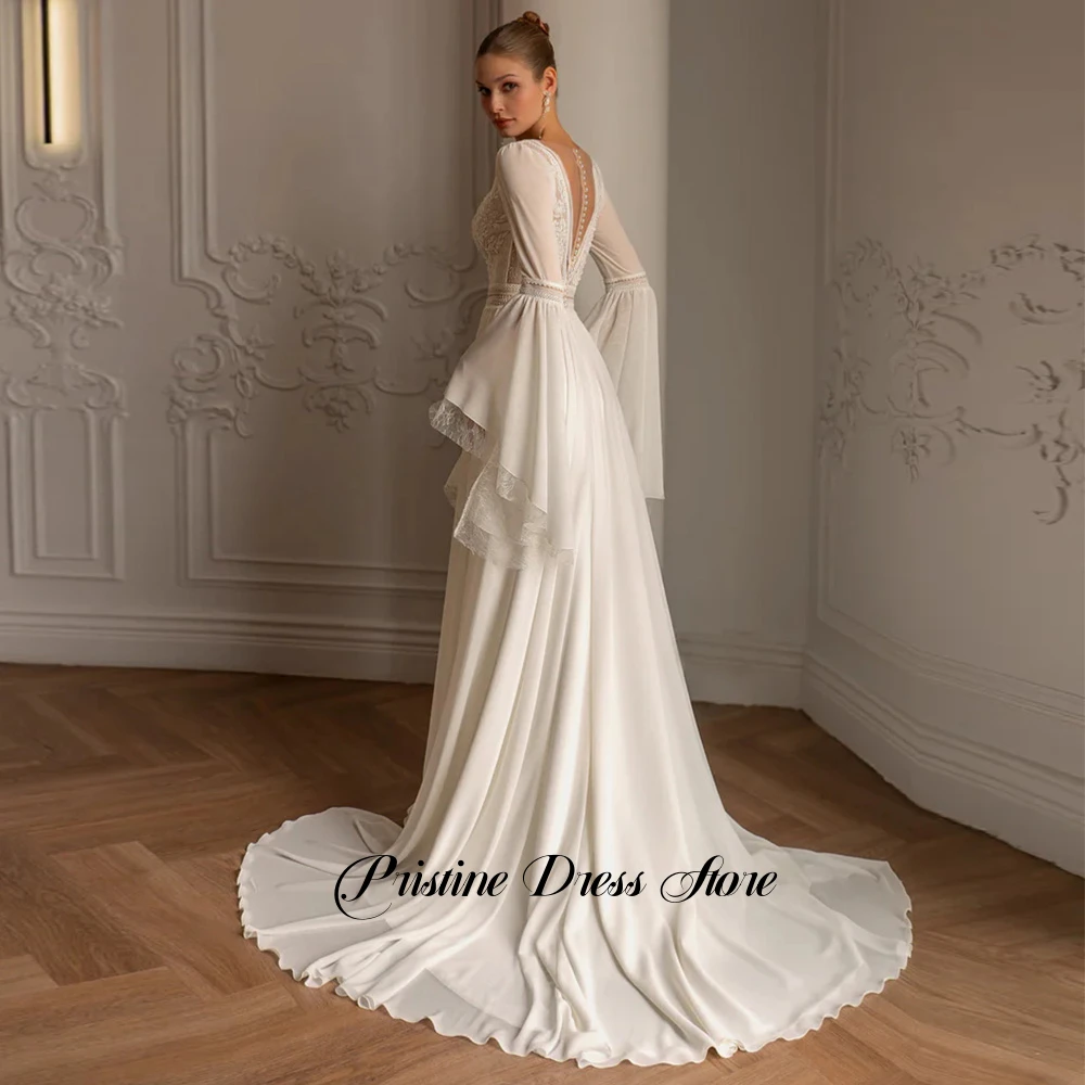 Stunning Flare Sleeves Chiffon Bohemia Wedding Dress with Side Slit Sweep Train Deep V-neck Appliques Lace Sequined Bridal Gowns