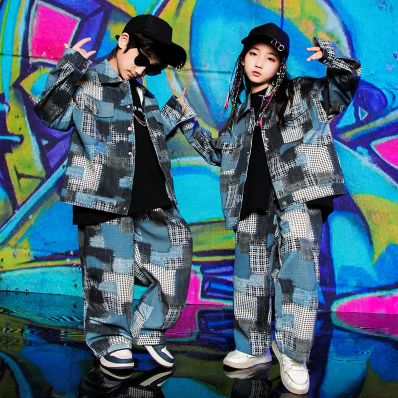 2022 Fashion Kids Street Wear Hip Hop Dance Costume Girls Jazz Performance Clothing Boys Drum Concert Outfit Denim Suit BL9645