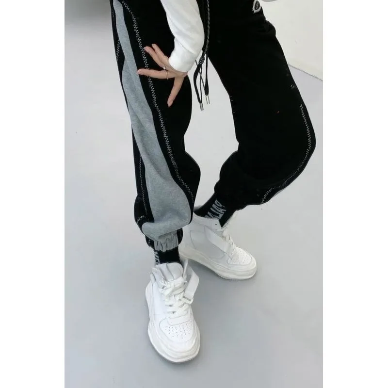 Women's Elastic Waist Drawstring 2023 Autumn and Winter New Korean Sport Patchwork Contrast Color Pockets Casual Harlan Pants