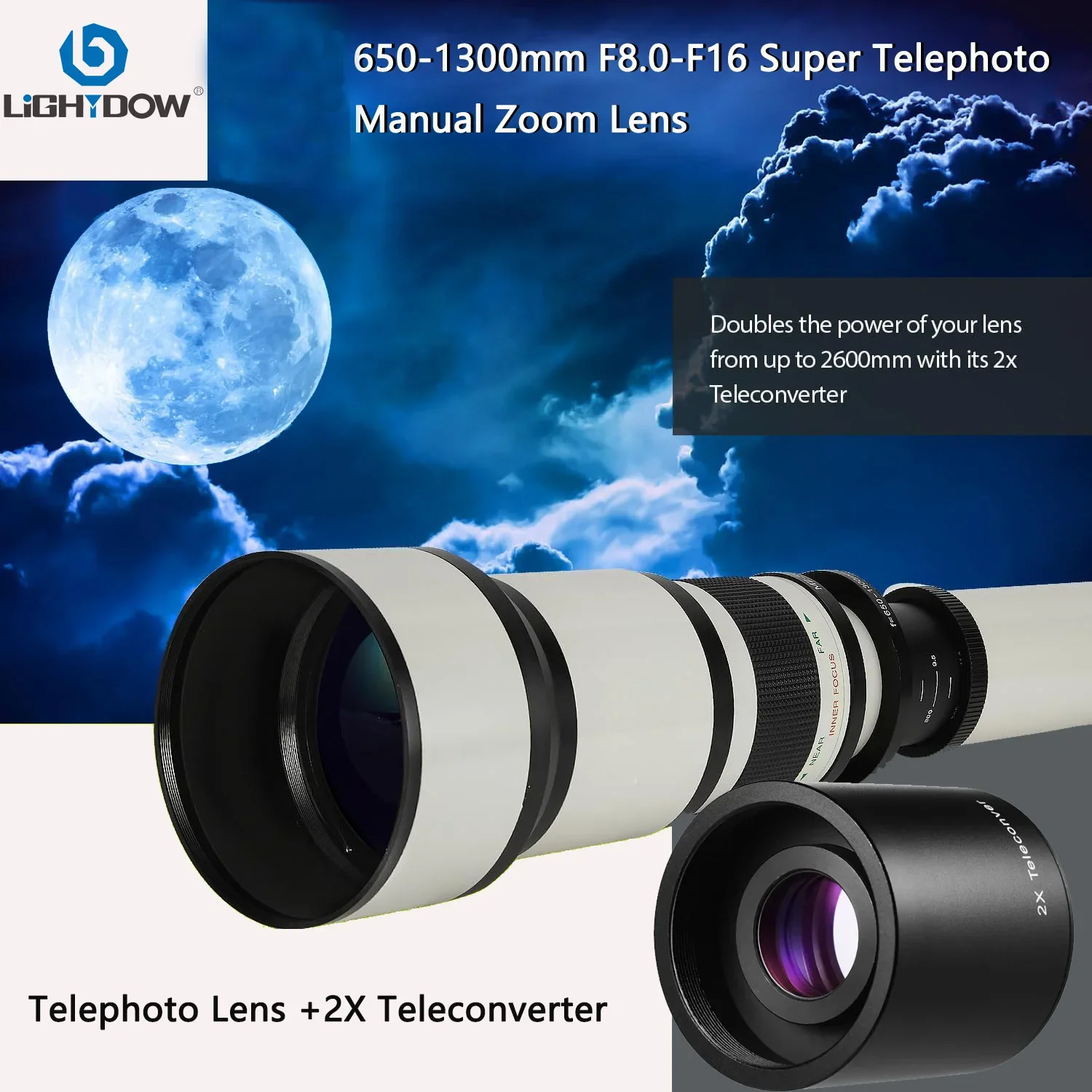 Lightdow Super Telephoto Manual Zoom Lens 650-1300mm F8.0-F16 With 2X Teleconverter for Cannon Nikon Sony Pentax DSLR Cameras