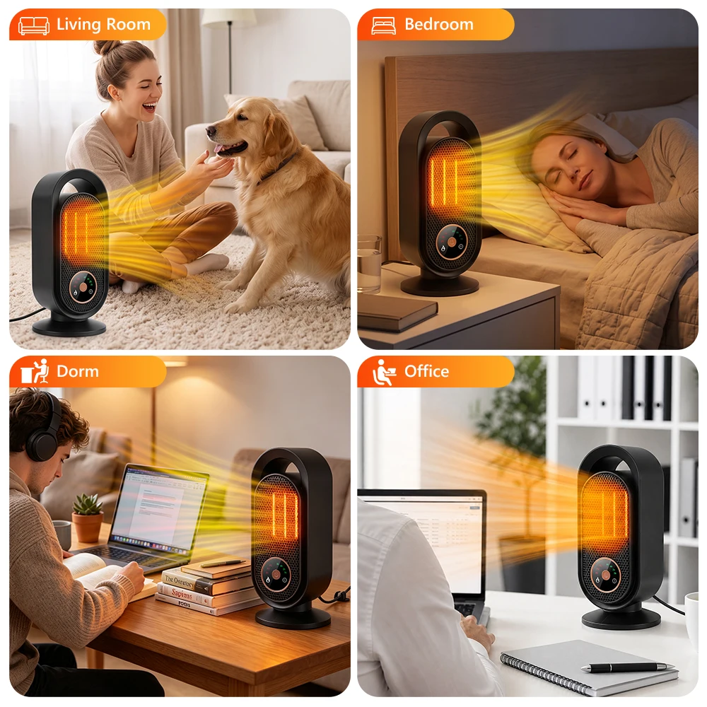 Portable 1000W PTC Ceramic Space Heater, ECO Energy Efficient with 4 Timers & Warm Air Blower for Home Office Indoor Use