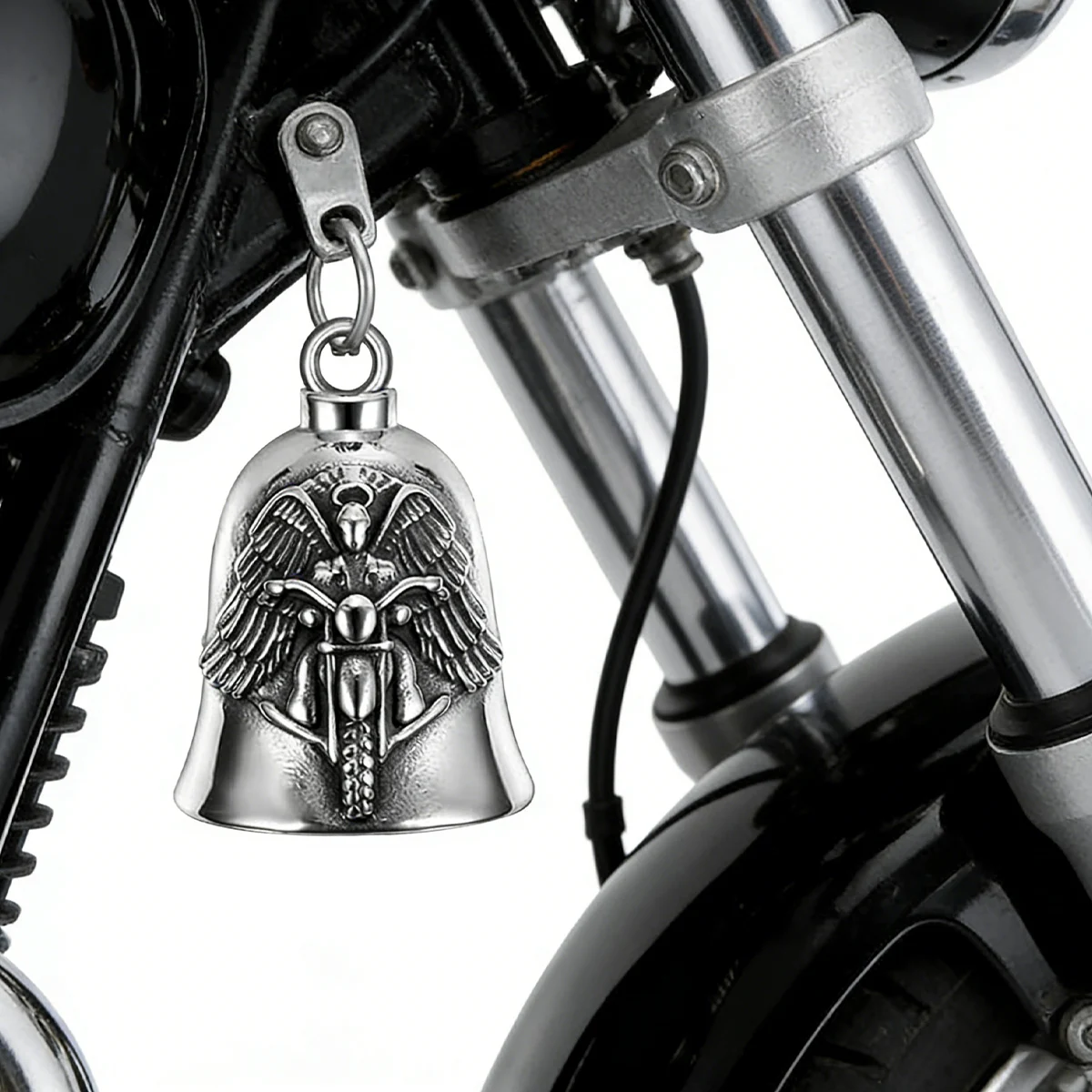 Retro-style metal motorcycle pendant, with a bell-shaped design engraved with a winged motorcycle pattern.