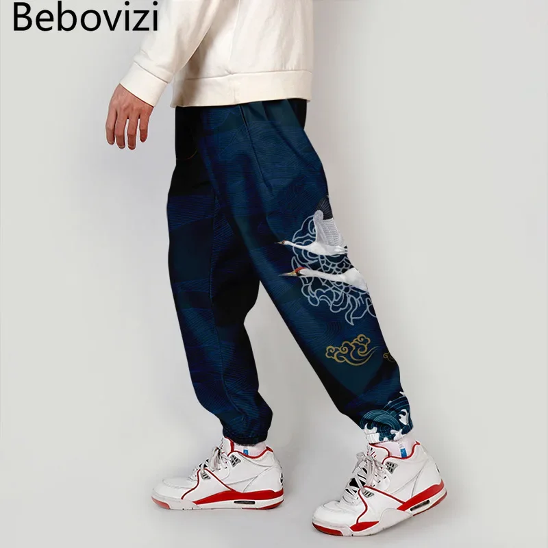 Hip Hop  Crane Print Fashion Sweatpants Men Multi Pocket Harajuku Jogger Trousers Japanese Streetwear Pants K20