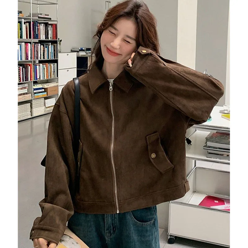 Spring Autumn Ladies Fashion Zipper Short Coat Retro Women Lmitation Suede Lined Outwear Feminine Long Sleeves Leisure Jacket
