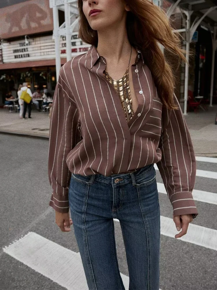 

European and American style 2025 Autumn/Winter new women's commuter versatile long-sleeved striped shirt with pockets