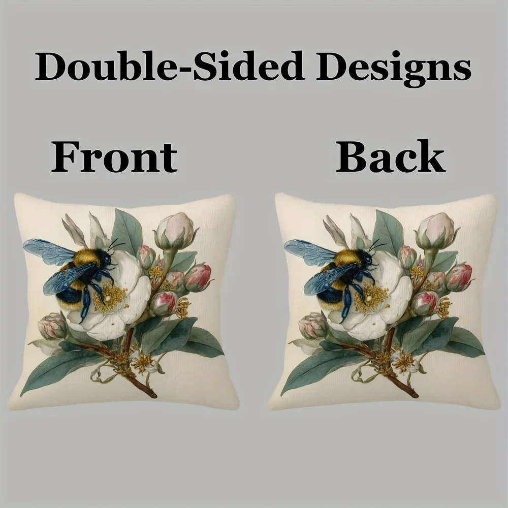 Vintage Bumble Bee and Magnolia Double-Sided Pillowcase, Morris Floral Pattern Cushion Cover with Zipper, Washable Decor Case