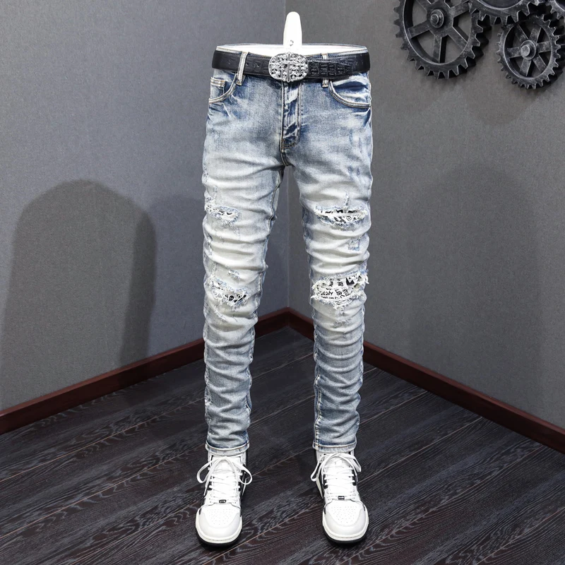 

Y2K Designer Fashion New Men's Jeans Scratched Elastic Slimming Wash Water Nostalgic Jeans Light Blue Hip Hop Brand Pants Hombre