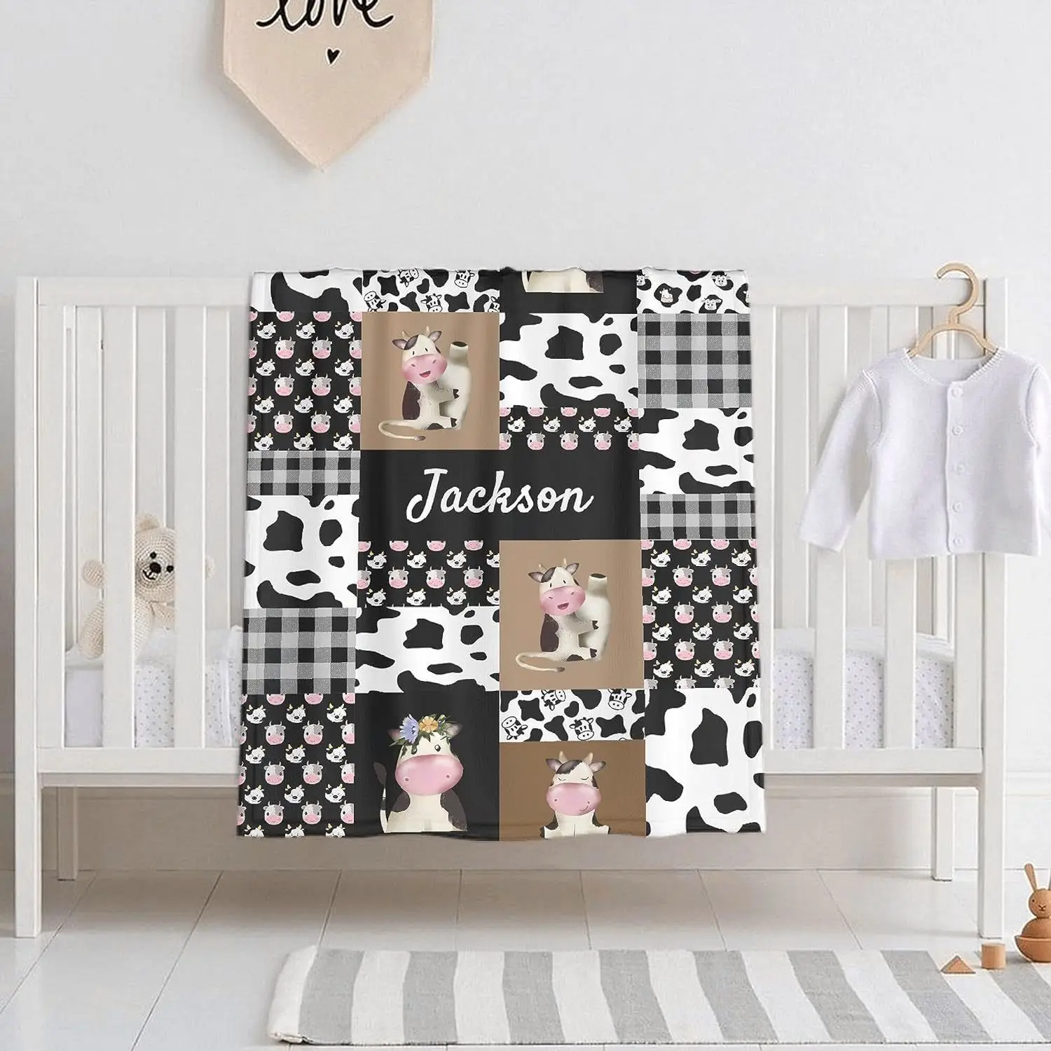 Personalized Cow Baby Blanket with Name, Customized Baby Blanket as Holiday Gift Series - Sofa, Living Room, Vacation House