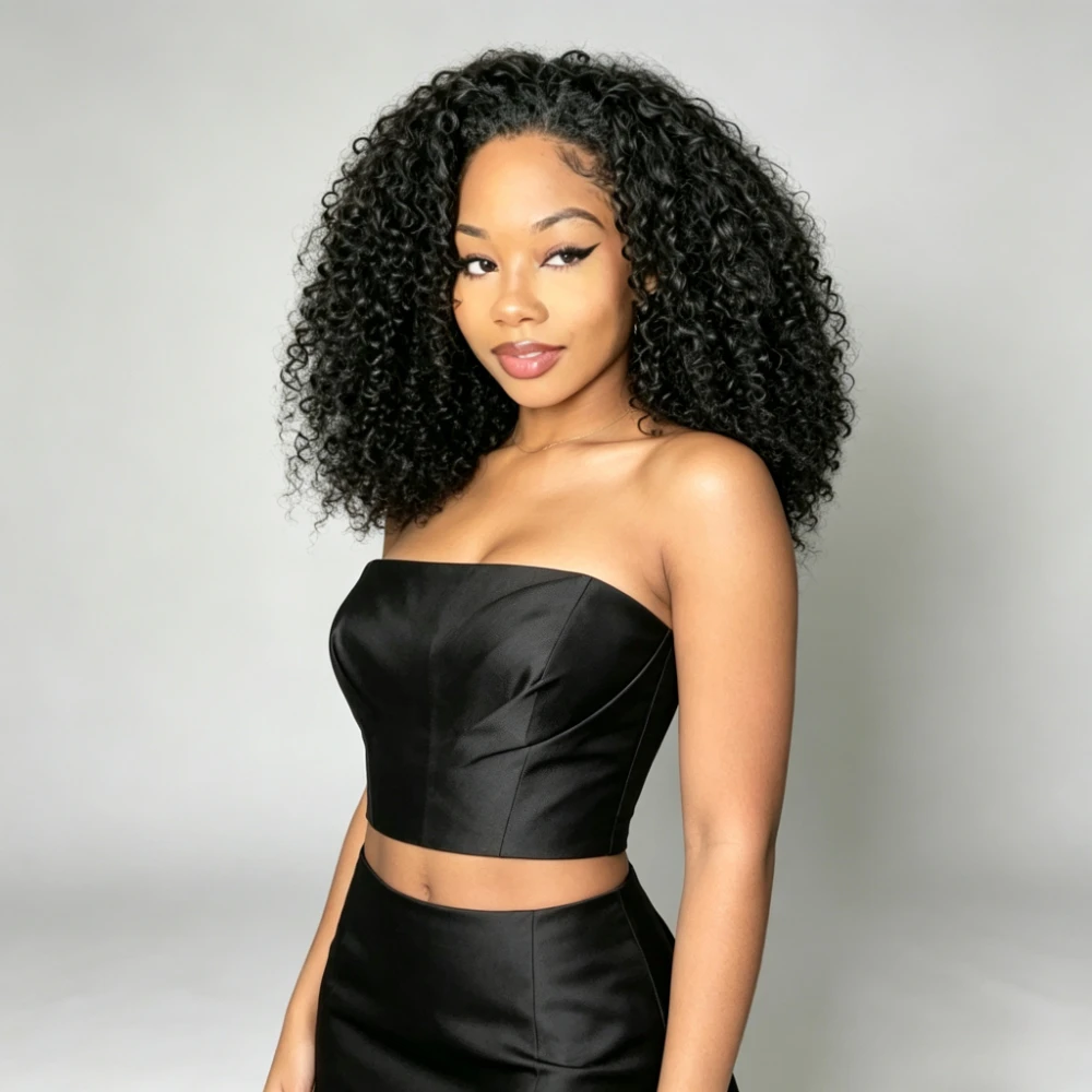 3 In 1 Half Wig Kinky Curly Machine Made Brazilian Remy Human Hair 32 Inch 220% Density Seamless Drawstring Wear To Go No Leave Out Pre Plucked Beginner Friendly Wigs For Black Women