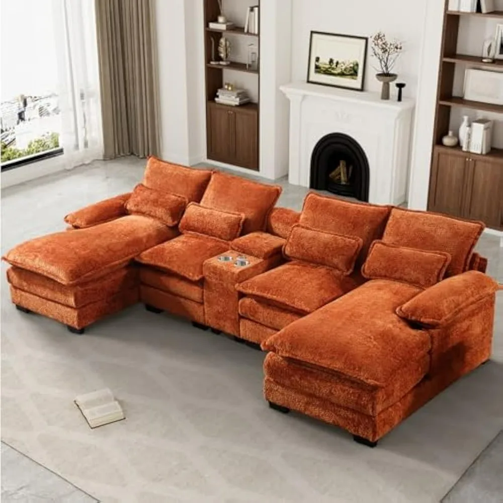 

Sectional Sofa Cloud Couch for Living Room, 123" Modern U Shaped Couch, Orange Comfy Modular Sofa Sleeper with Storage Console