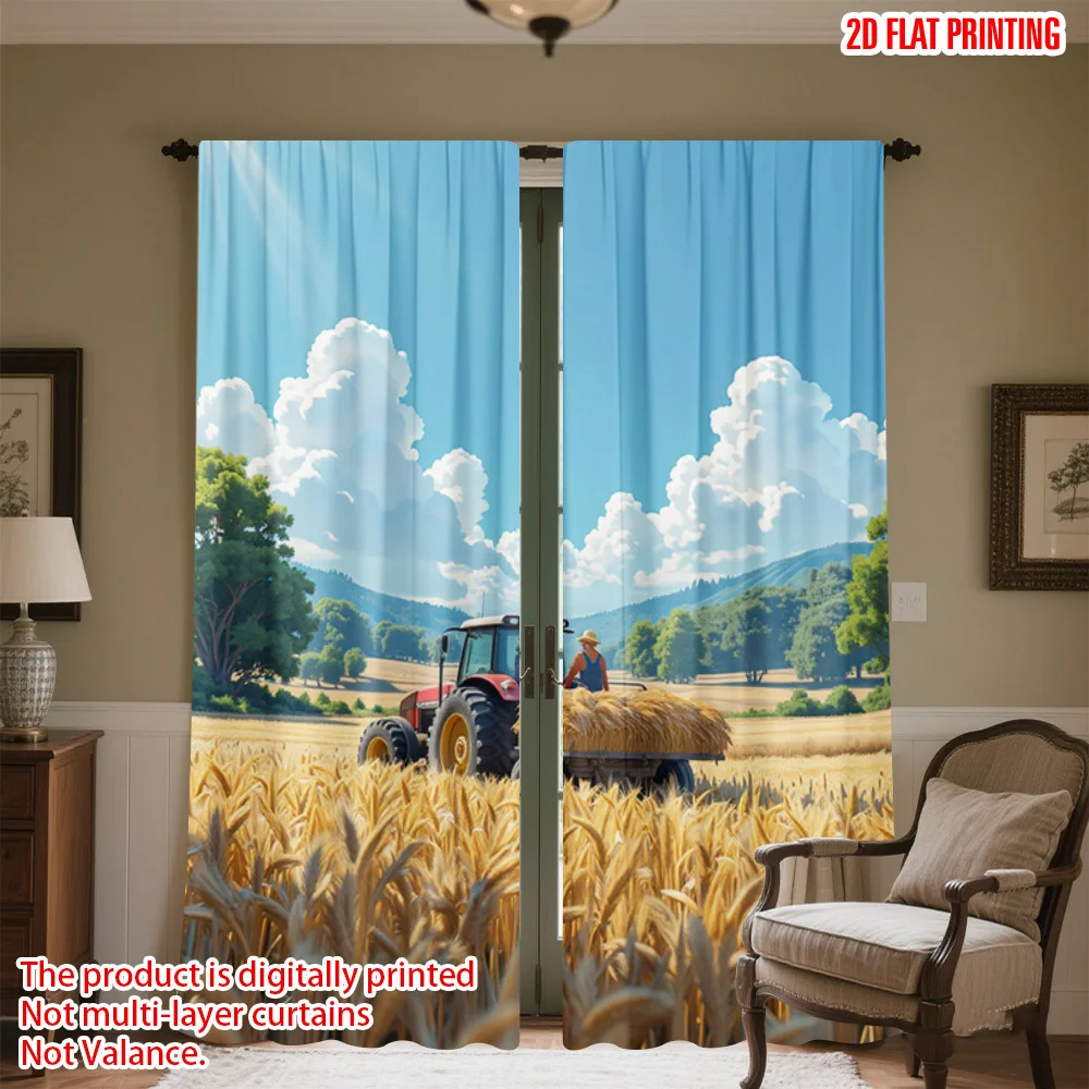 2PCS Digital Print Curtains Wheat Field Tractor Farm Countryside Rod Pocket