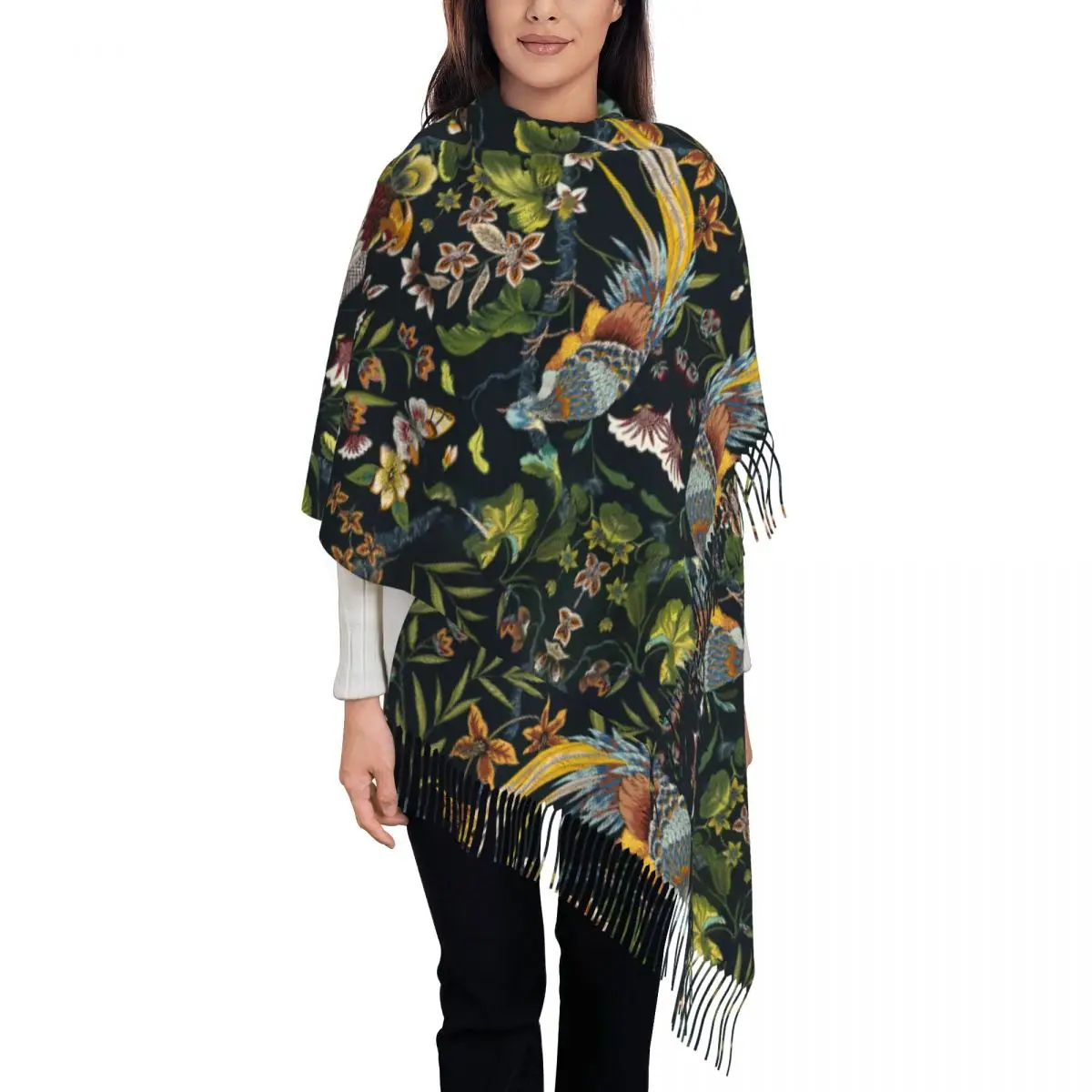 

Stylish Vintage Peacock Bird Toile Tassel Scarf Women Winter Warm Shawls Wraps Ladies Traditional France Art Scarves