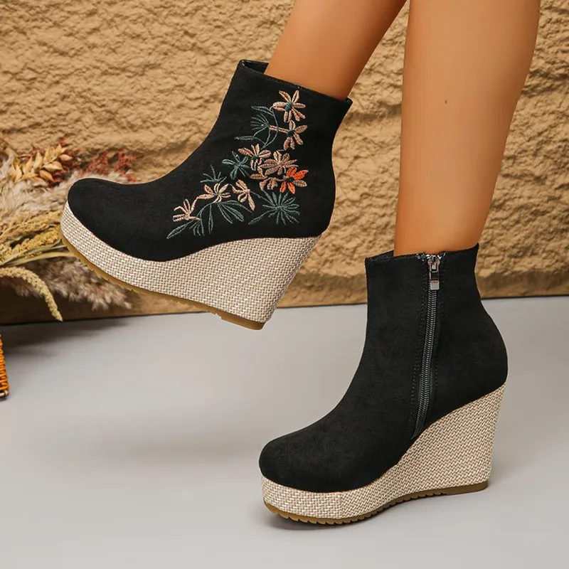 2026 Spring Autumn New Embroidery Design Women's High Heel Ankle Boots Fashionable Solid Zipper Wedge Casual Women Single Shoes