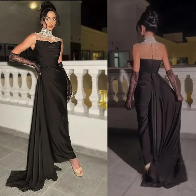 New Black Prom Dresses Ruched Side Train Beaded High Collar Evening Dresses Arabic Dubai 2024 Formal Wedding Party Gown