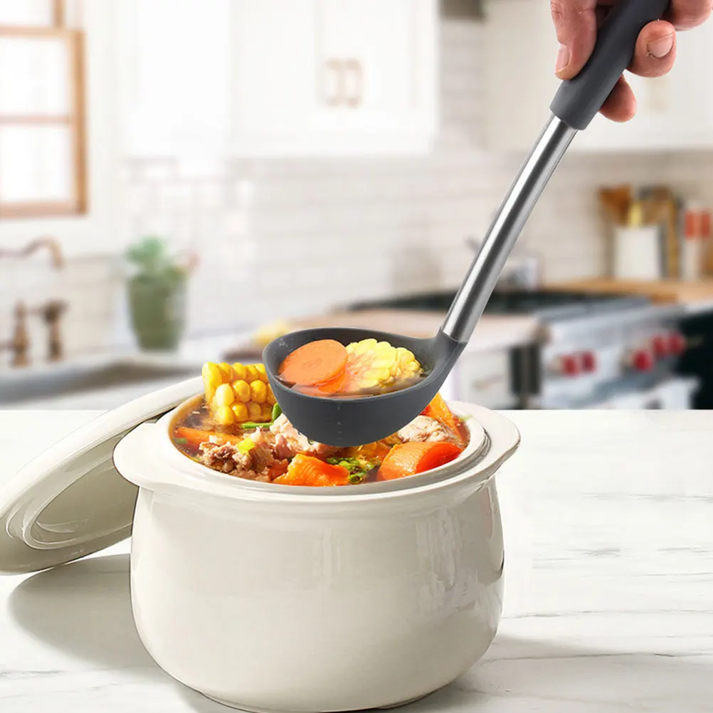 

1 set Grey Silicone Kitchenware Set Long H Ladle Soup Spoon Easy Clean Cooking utensil Lightweight Storage