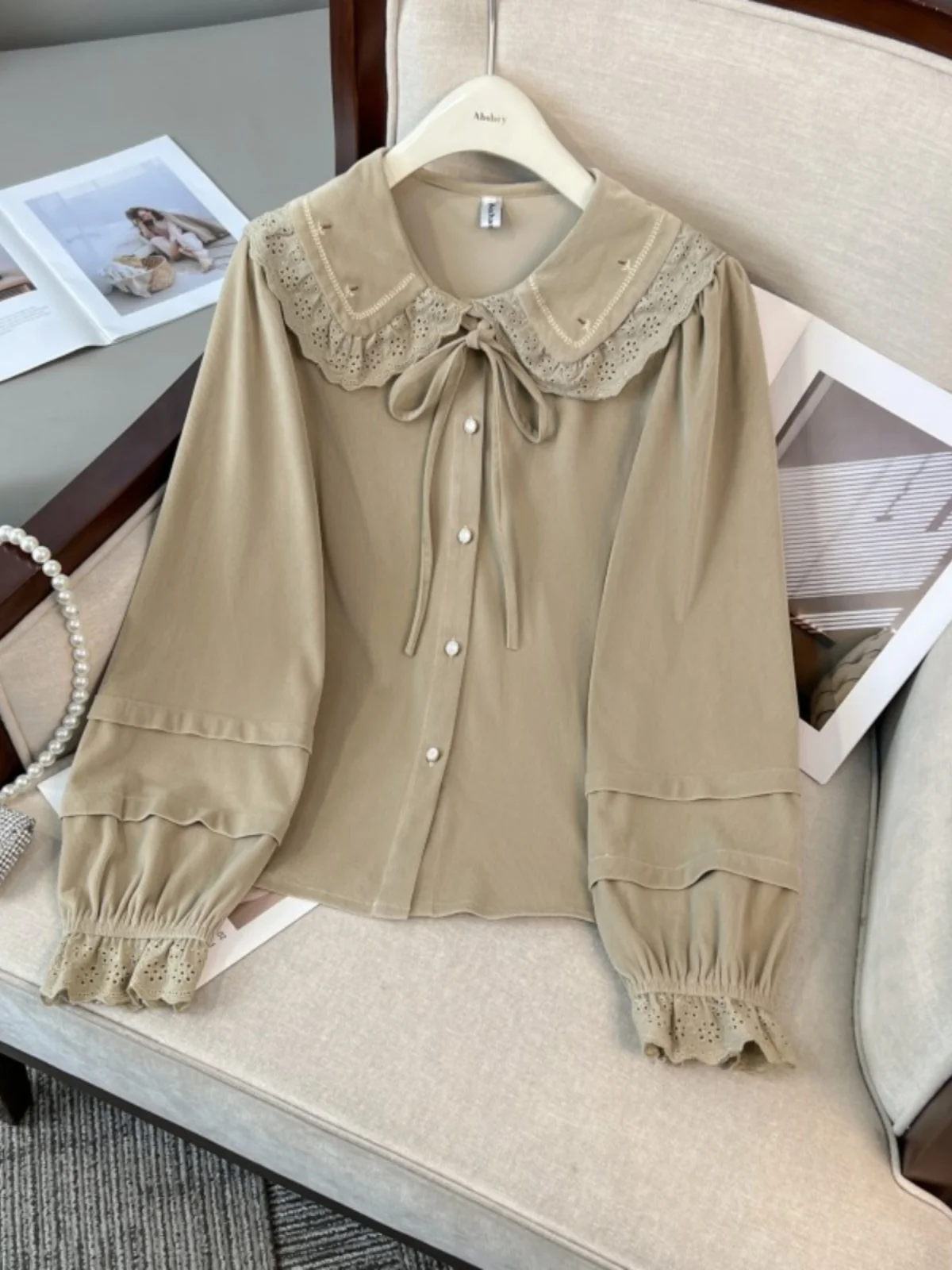 

plus Size Women's Long Sleeve Shirt Korean Style Straight Cut Doll Collar Lace Trim Slimming Spring New Design for Fat MM