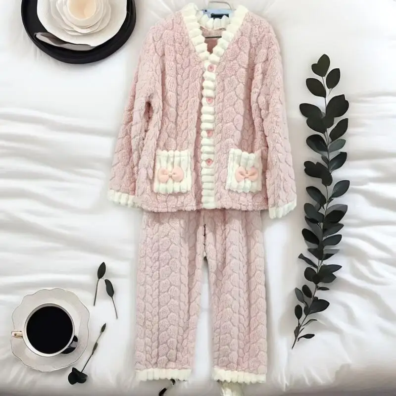 

Thickened Women's Pajamas Jacquard Bow Homewear Girl Coral Fleece Cardigan Pants Outerwear Loungewear Sleepcoat Autumn Winter