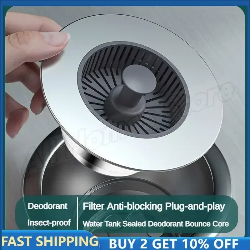 3 in 1 Kitchen Filter Sink Pop Up ABS Silver Plated Sink Strainer Drain Basket Stopping Blockage Bouncing Core Leak-proof Plug