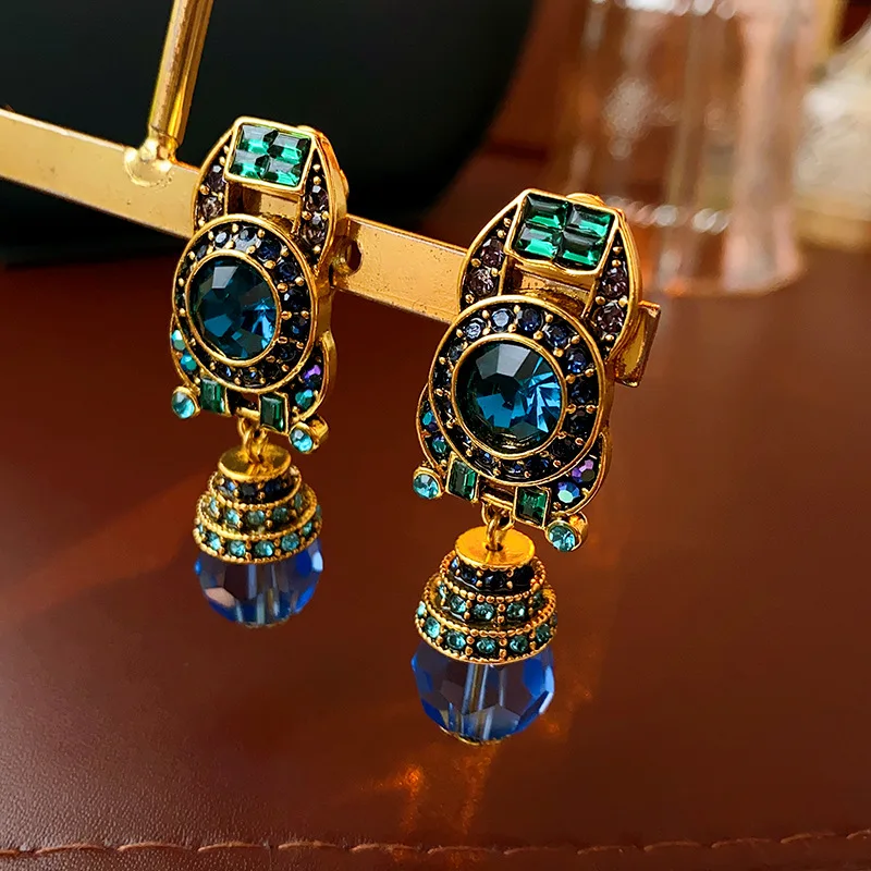 Lifefontier Luxury Palace Blue Rhinestone Big Clip On Earrings For Women Vintage Geometric Crystal Non Pierced Earring Jewelry