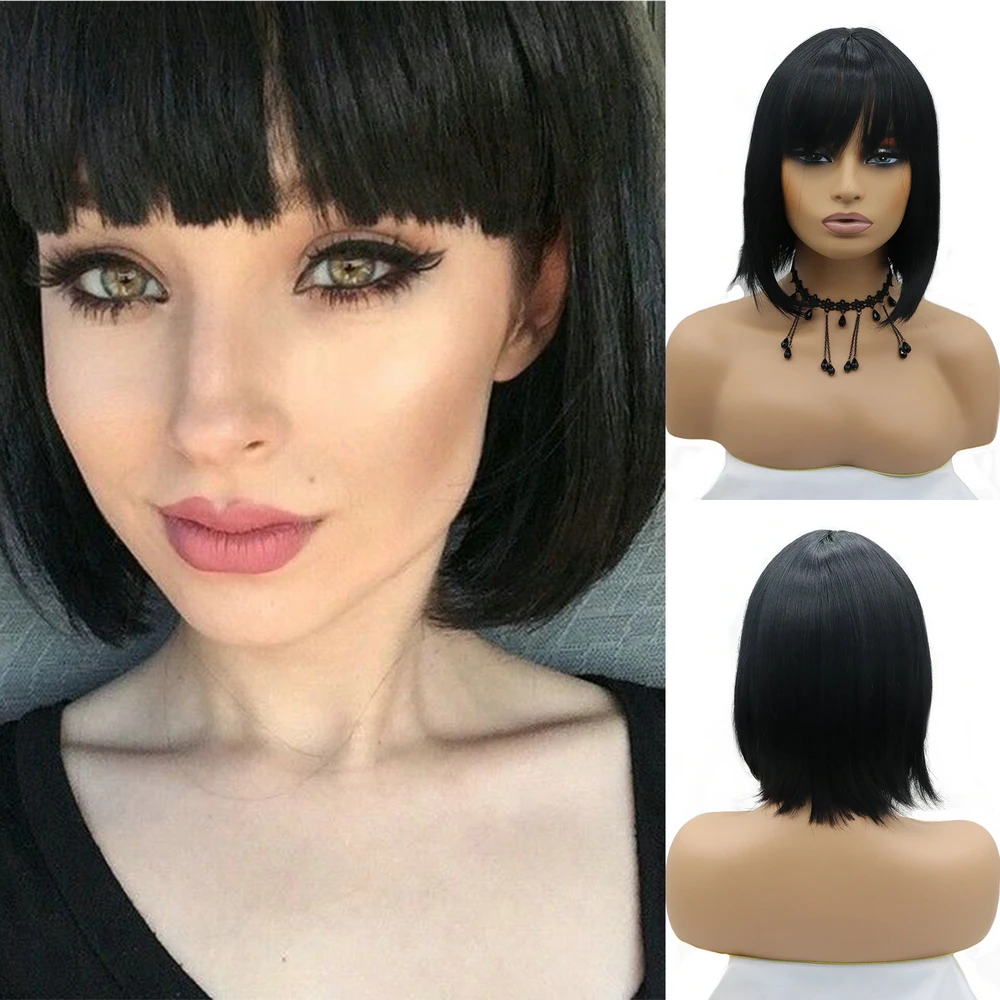 

Sylvia 14inch Short Bob Syntetic Wigs For Women Black with Bangs Synthetic Hair Heat Resistant Natural Looking Replacement Wig