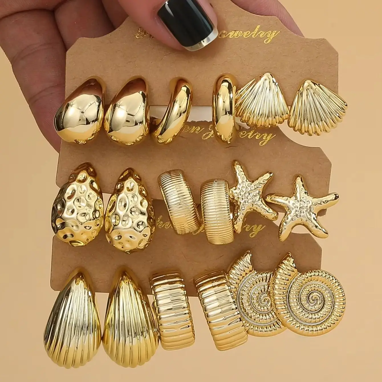 3Pairs-9Pairs/Set Fashionable &Golden Starfish, Seashell, Smooth Water Drop,Textured C-Shape Earrings Set,Travel & Vacation Wear