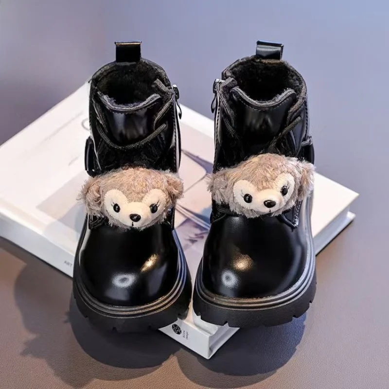 

Kids'Casual Shoes Ankle Boots Bow Cartoon PU Leather Winter Shoes For Girls Anti-slip Warm Thick Bottom Black Shoes Size 26-36