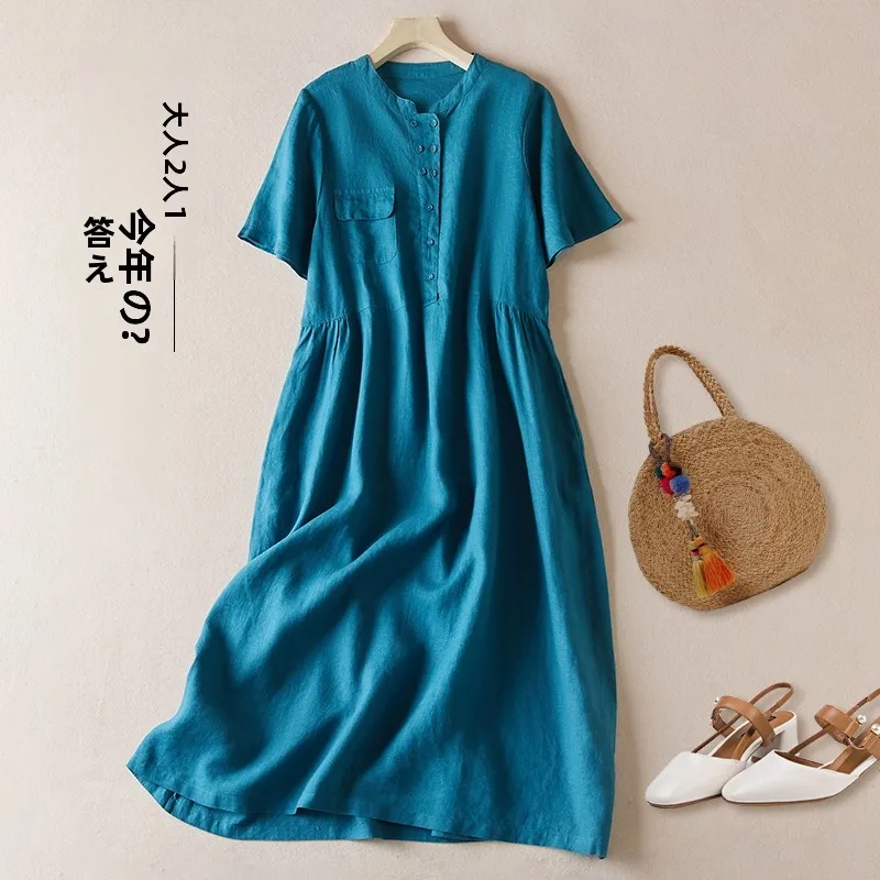 Zomer Woon-werk Losse Casual Japanse Sle Pure Kleur Lin ort Sve Dames Dr A-lijn Midi Rok Faionable Katoen Linnen
