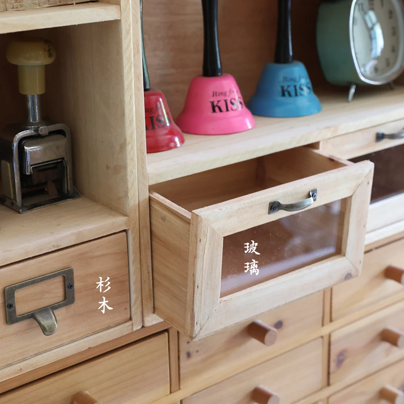 Vintage Japanese Style Wooden Desktop Storage Organizer with Drawers for Coffee Cups Notebooks Stationery Bins