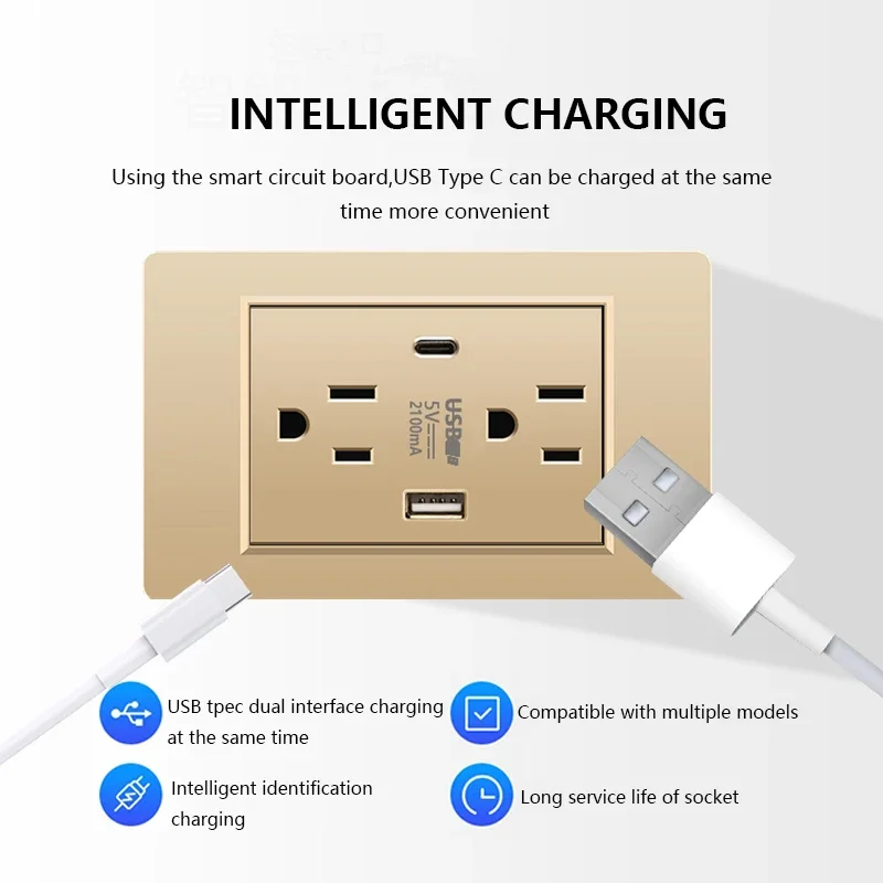 American Mexico Standard Double USB Plug Type C Wall Quick Charging Socket US home Light Switch Panel PC Electrical Power outlet