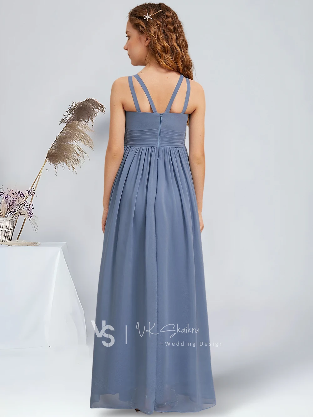 Elegant A-Line Scoop Floor-Length Chiffon Junior Bridesmaid Dresses Slate Blue Charming Flower Girl Dresses Party Wedding Kids