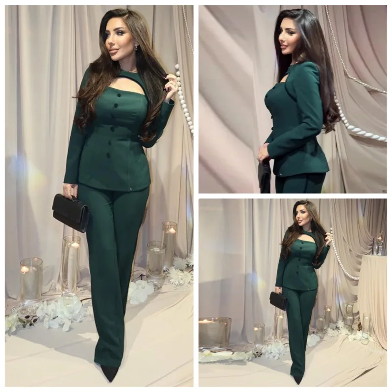 ヨーロッパ、アメリカ、アマゾン、冬の新作ファッション、上品なグリーンのウエストストレートパンツセット、海外貿易、越境婦人服