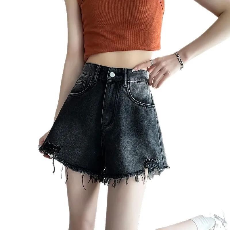 Short à jambes larges pour femmes, nouveau pantalon Vintage déchiré, taille haute, ample, ligne a, tendance, Style fin, été