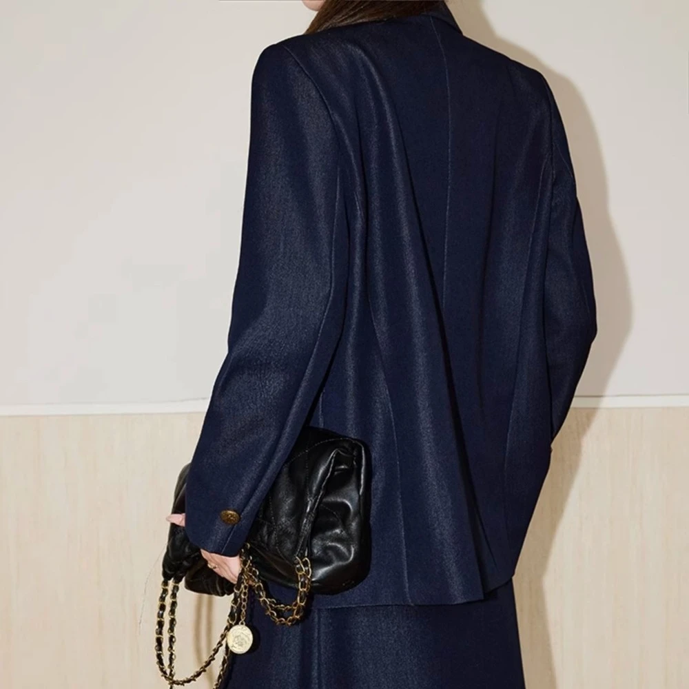 TWOTWINSTYLE Darkblue تقسم أزرار قطعتين مجموعة الإناث التلبيب كم طويل سترة الشارع الشهير الرجعية المرأة تنورة مجموعة الموضة #6