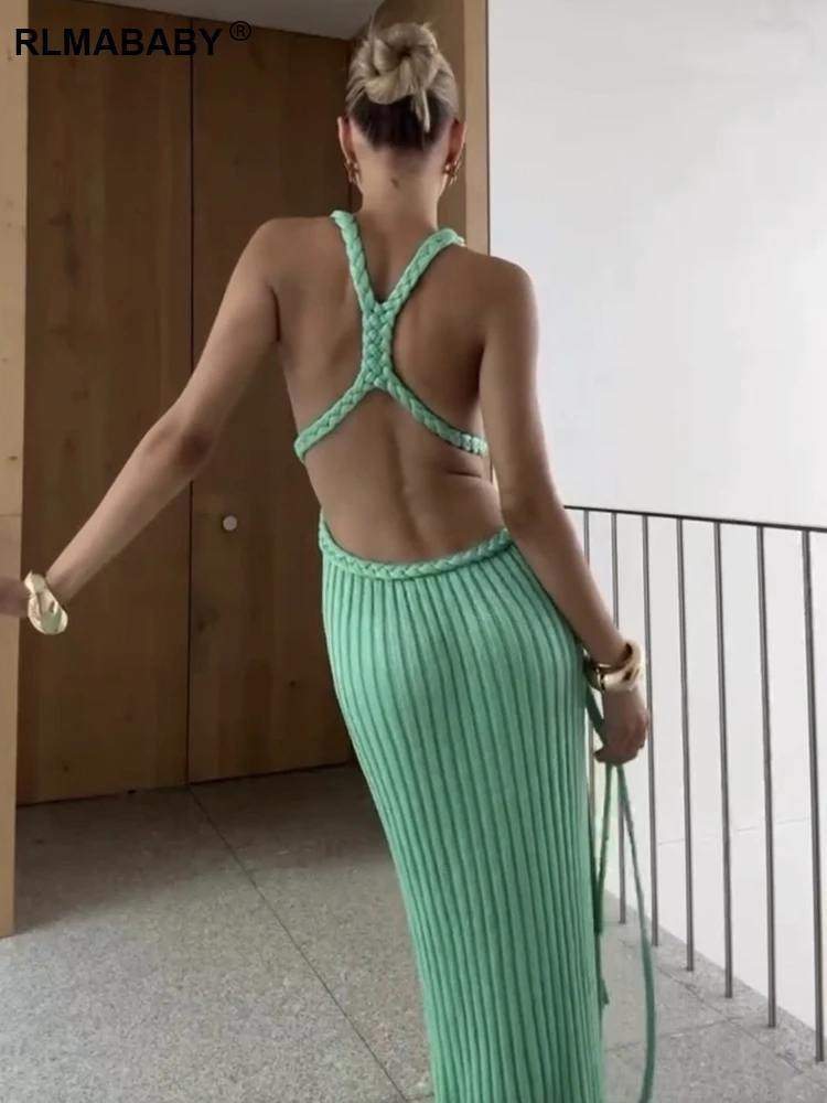 RLMABABY เซ็กซี่ลึก V คอ Backless ผู้หญิงยาวถักชุดฤดูร้อนเซ็กซี่ Slim BANDAGE ด้านข้างแยกพู่สีเขียวชุด Maxi ชุด