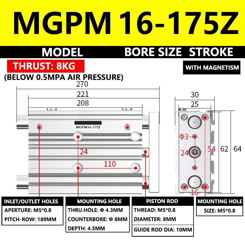 

ABILKEEN MGPM Series Pneumatic Compact Guide Cylinder MGPM16-175Z 16MM Bore X 175MM Stroke Three Axis Three Rod Air Cylinder
