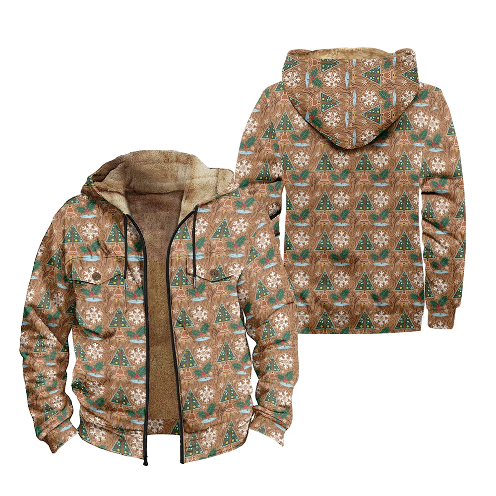 

Winter Holiday Daily Wear Christmas Bells Warm Jackets Hooded Coats Print Plush Thick Hunting Farmer Windproof Unisex Outerwear