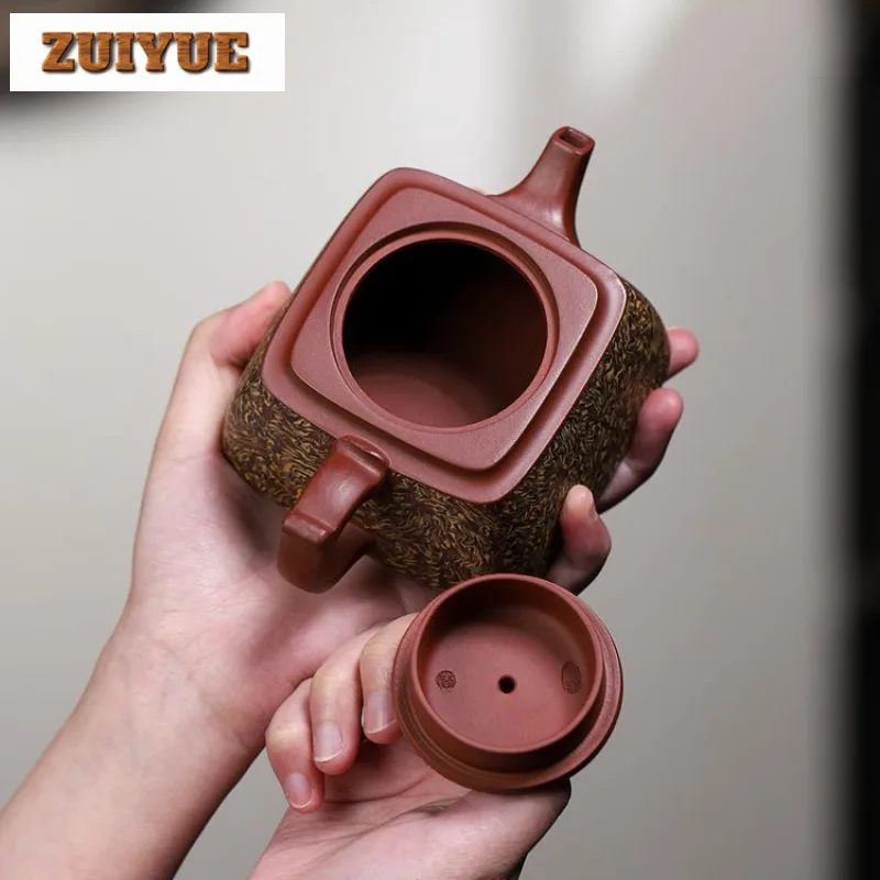 300ml Elegant Yixing Purple Clay Teapots Handmade Square Pot Raw Ore Dahongpao Twist Mud Kettle With Infuser Zisha Tea Set Craft