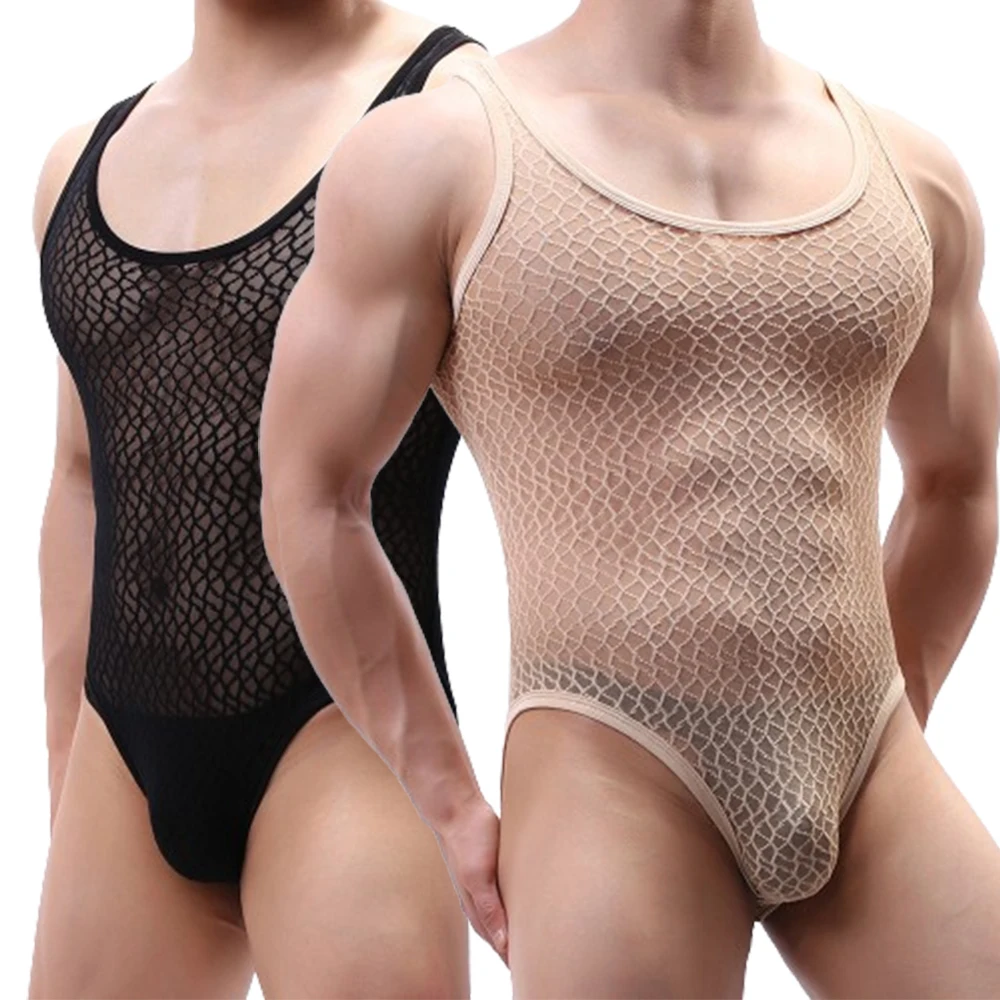 

Men Sexy Mesh Sheer Perspective Bodysuits Shaping Fitness Homewear Undershirt Breathable Lace Sheer See Through Romper Underwear