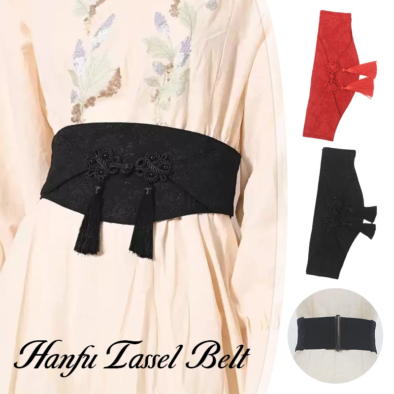 

Women's Fashion Vintage Black Elastic Tassel Cummerbunds Female Dress Corsets Waistband Belts Decoration Wide Belt New