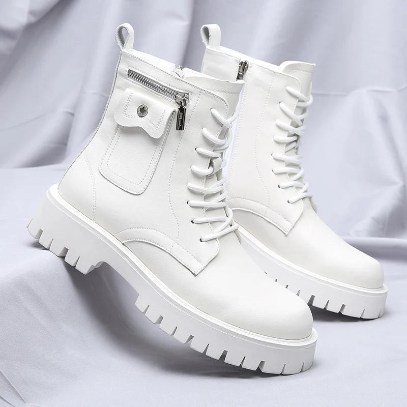 

Белые ботинки в британском стиле, мужские кожаные ботинки высокого качества на платформе, мужские уличные мужские байкерские ботинки, удобные ботильоны на шнуровке, дизайн