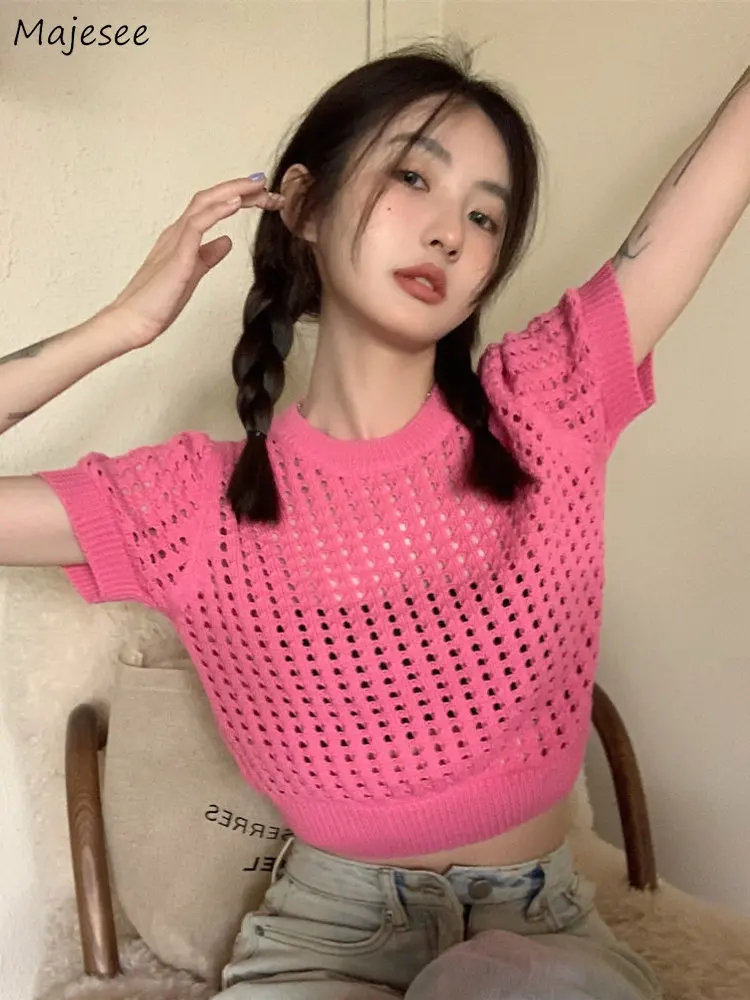 

Hollow Out Pullovers Women Ulzzang Summer Knitted Hotsweet Korean Style Solid Simple All-match Fashion Popular New Loose Chic