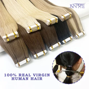 JSNME Echthaar-Klebeband in Haarverlängerung, unsichtbar, nahtlos, echtes Echthaar, glattes Klebeband, braun, blond, 10 Stück, 40,6–61 cm